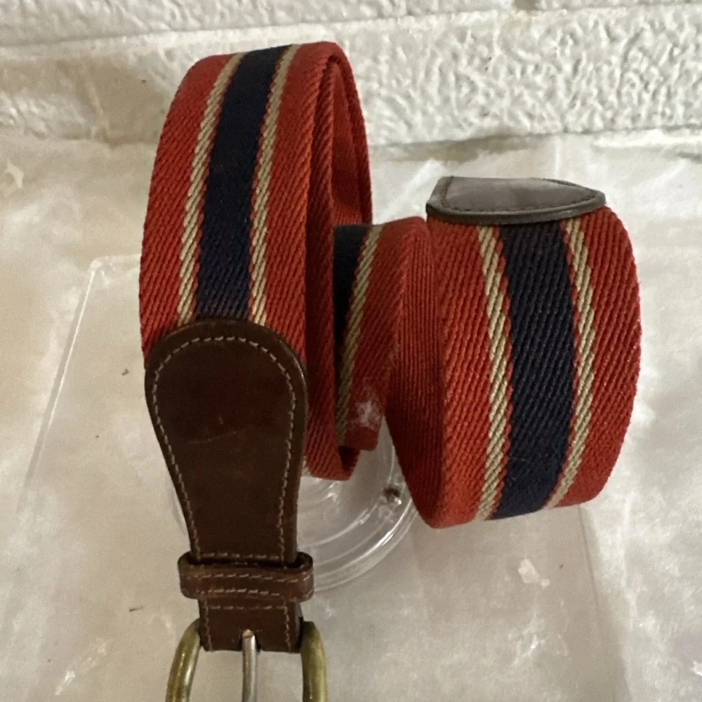 Trafalgar Canvas RED NAVY STRIPED Leather Vintage 1980s USA Belt Unisex